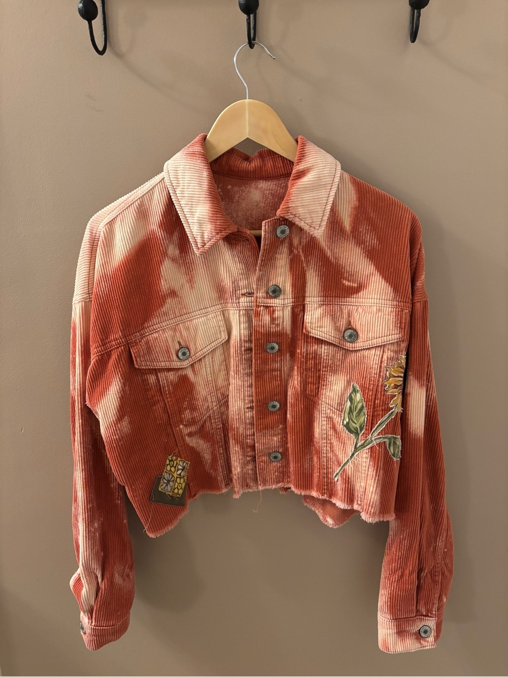 Forever 21 Cropped Corduroy Jacket in Rust Tie-Dye with Floral Patch